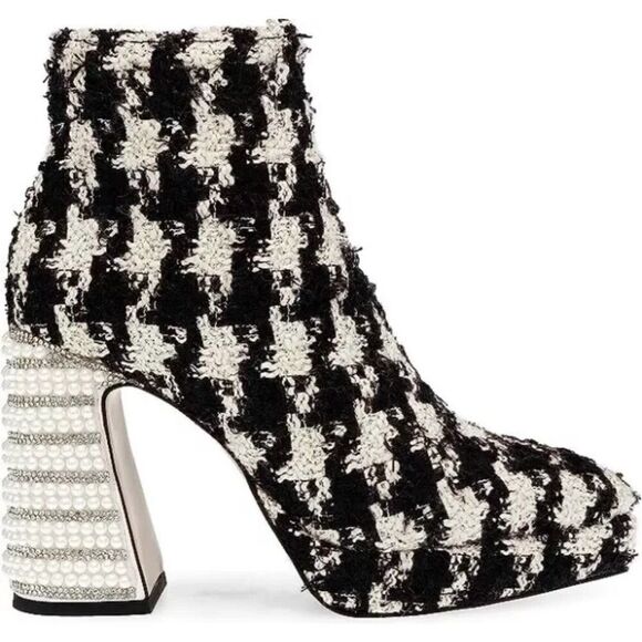 Betsey Johnson Houndstooth Boots Size 5‎ Black White Embellished Block Heel NEW - Picture 1 of 13